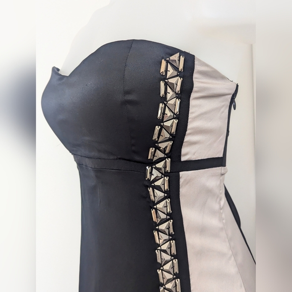 STELLA & JAMIE Color-Block Silk Strapless Mini Dress, Metallic Beading; Size M - Picture 5 of 15